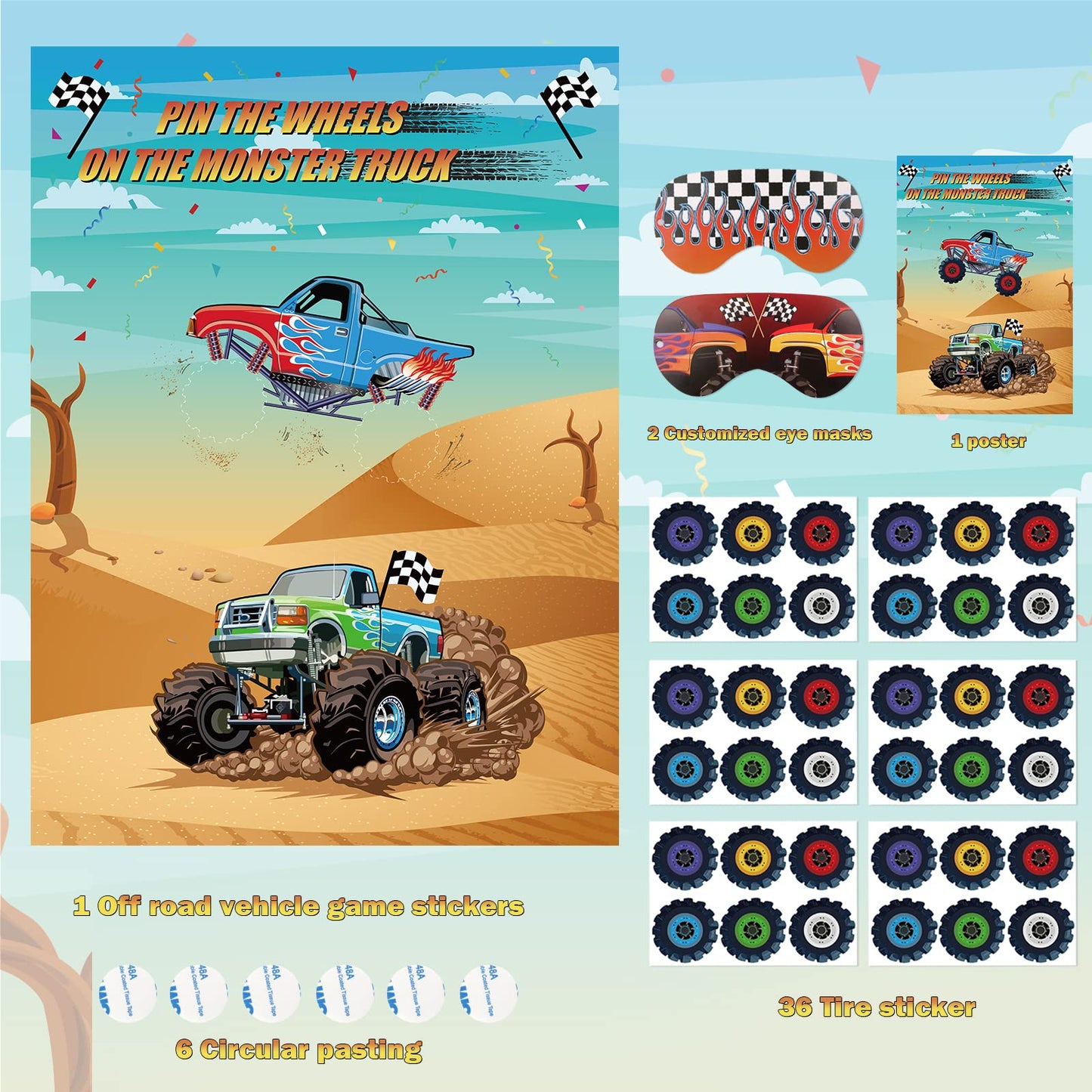 Eaezerav Pin The Wheels On The Truck Game With Monster Truck Poster, 36 Tyres Stickers, 2 Blindfolds For Car Theme Birthday Part