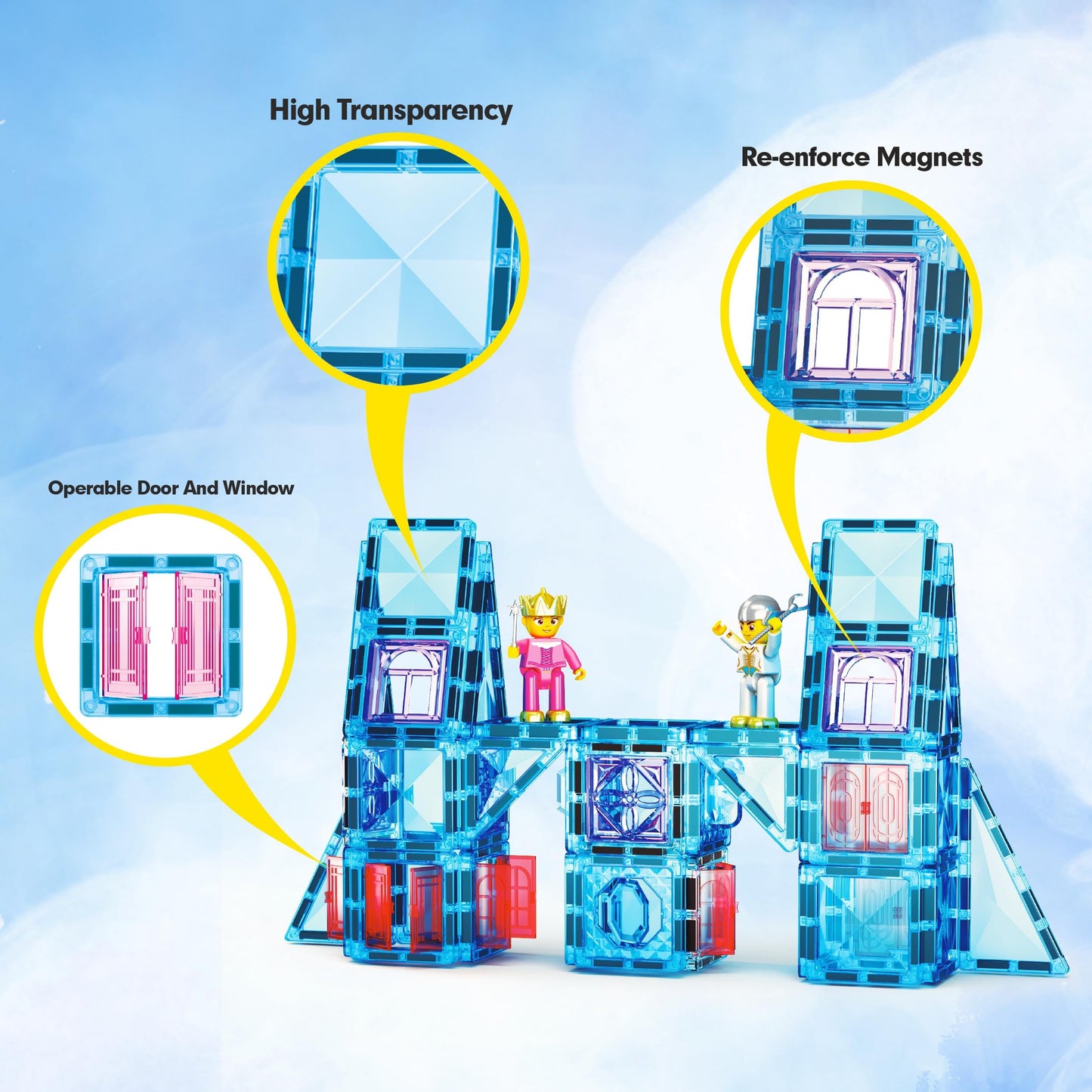 Picassotiles 71Pc Mini Diamond Series Winter Ice Theme Magnetic Tile Building Blocks 2 Character Action Figures Travel Size On-T