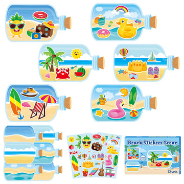 Cy2Side Summer Beach Stickers Scene - 12Pcs Summer Drifting Bottles Sticker Scene Art Craft For Kid Make Your Own Beach Sticker Scene With Pineapple Flamingo Diy Hawaii Party Game Class Fun Activities