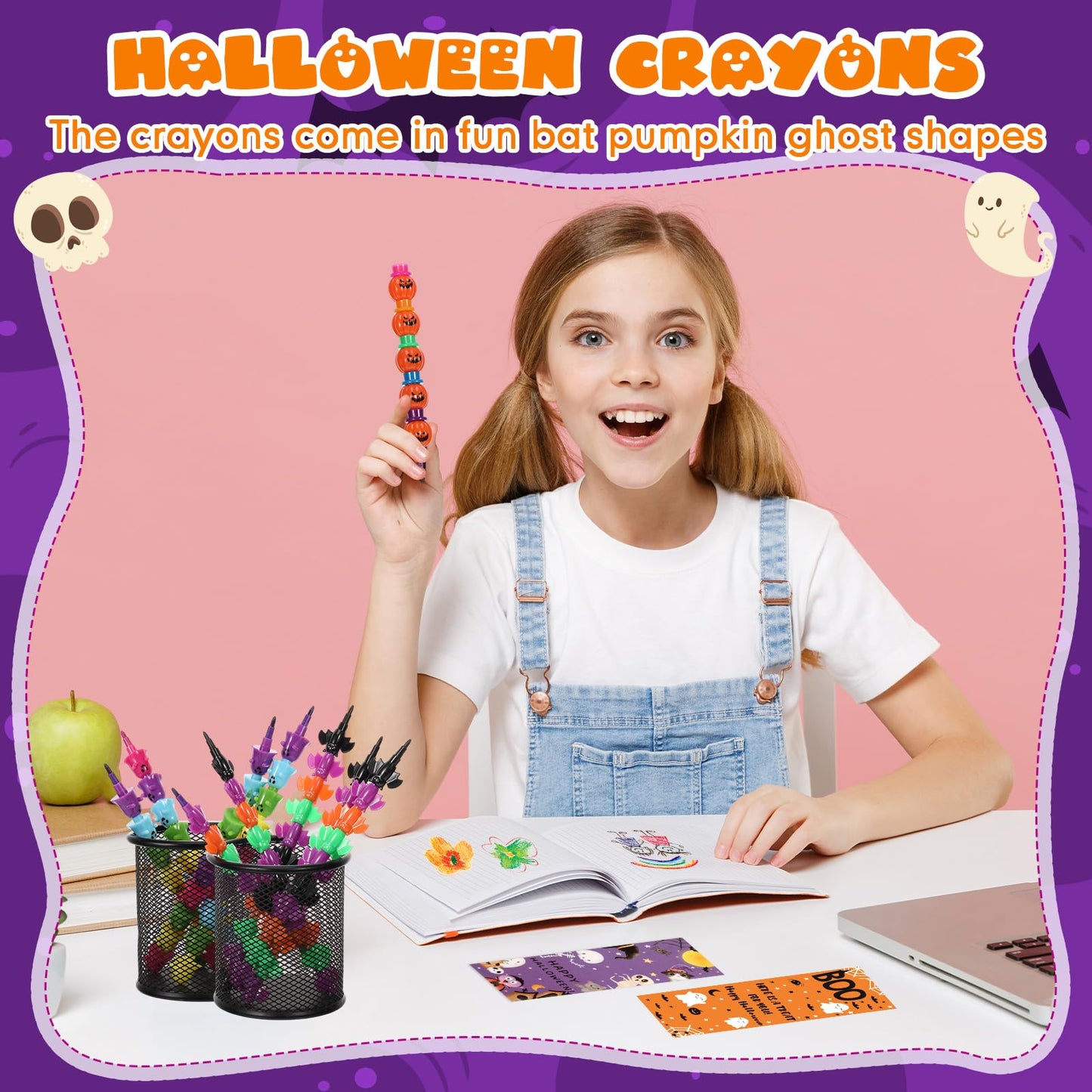 MotiMind 48 Set Halloween Crayons Party Favors Bat Pumpkin Ghost Stackable Crayons with Drawable Cards Kids Halloween Party Gift