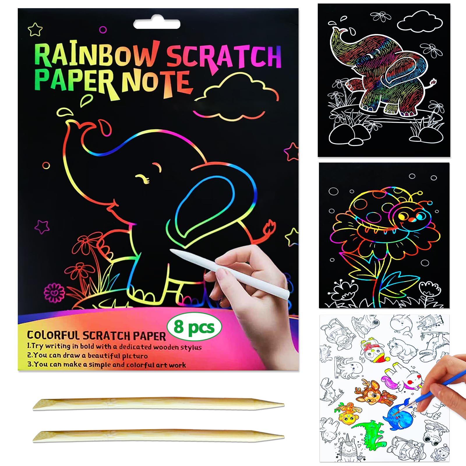 JUNQIU Scratch Art for Kids, Rainbow Scratch Paper Art Set - Animals, Arts and Crafts for Kids Ages 4-8 Girls Boys, Kids Activit