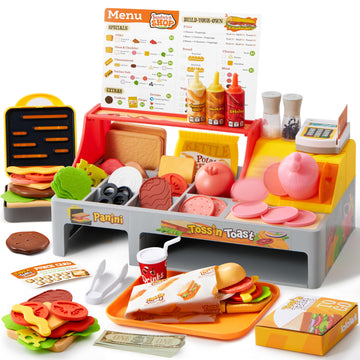 Pretend Play Food Toy For Kids Toddlers, Play Kitchen Accessories Include Sandwich Maker Toy With Slicer For Ham, Menu And Ingre