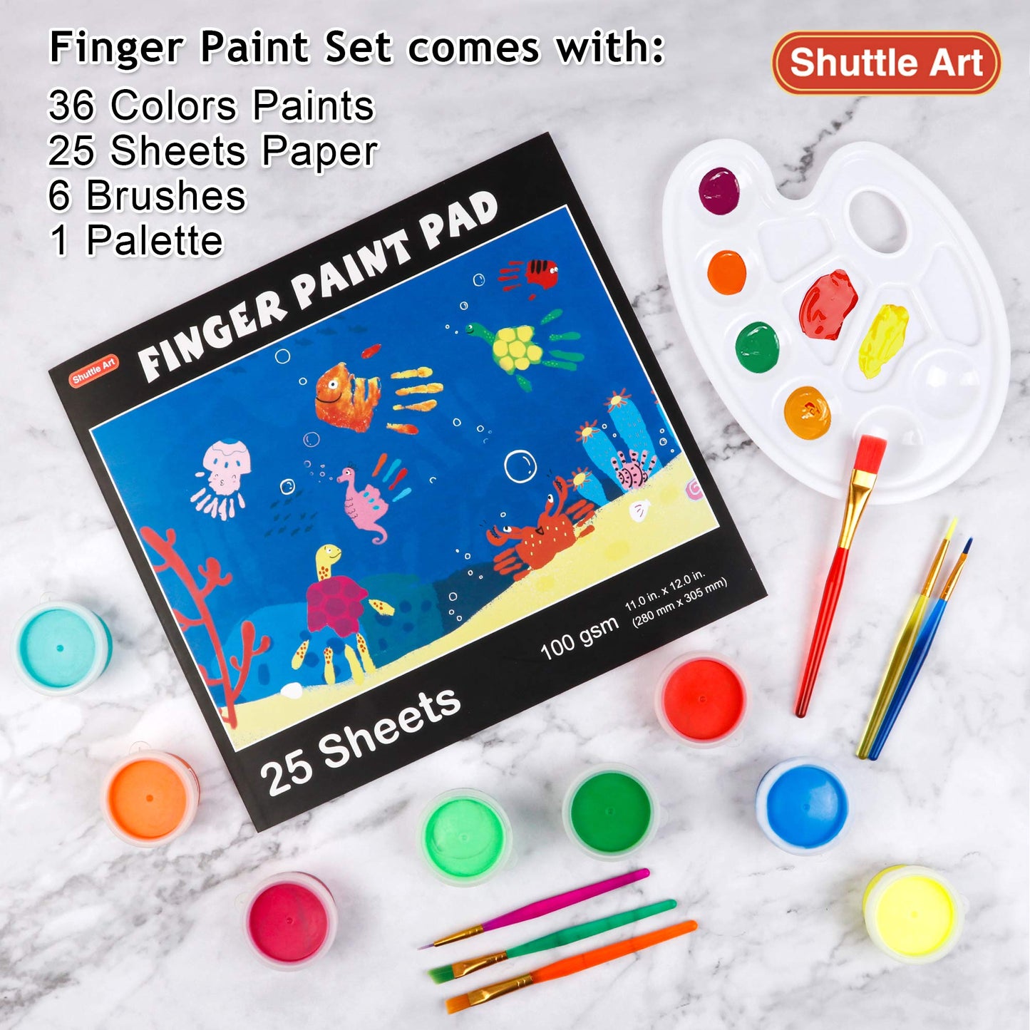 Shuttle Art Washable Finger Paint, 44 Pack Kids Paint Set with 36 Colors Toddler Paints(30ml, 1oz) for Toddlers, Paint Brushes,