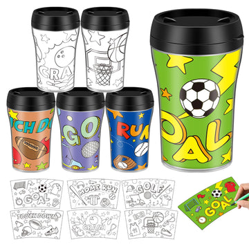 Yiyiring Set of 12 Sports Ball DIY Color Your Own Cups 10 oz Football Baseball Golf Basketball Bowling Soccer Coloring Cups Colo