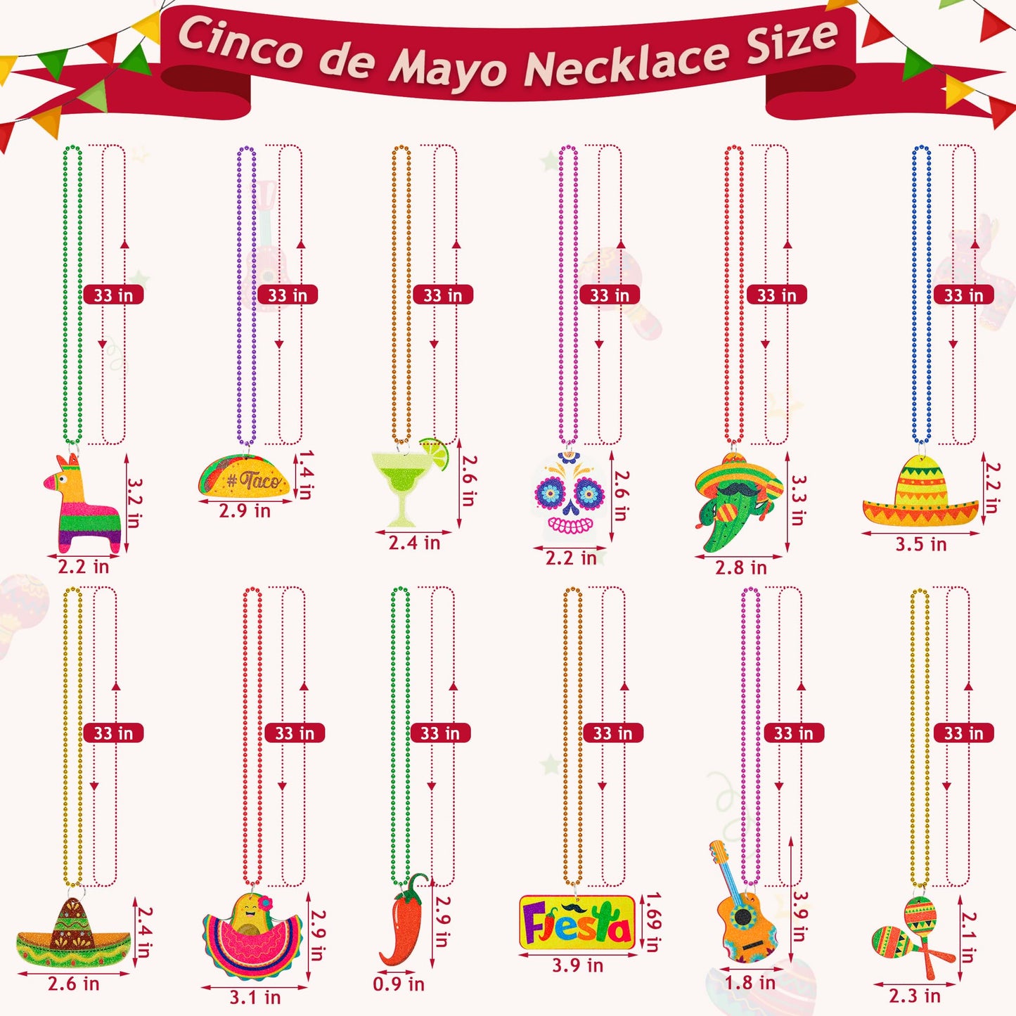 Eoboh 72Pcs Fiesta Party Necklace Decorations, Cinco De Mayo Mexican Beads, 12 Kinds Of Metallic Mexican Accessories Bulk, Fiest