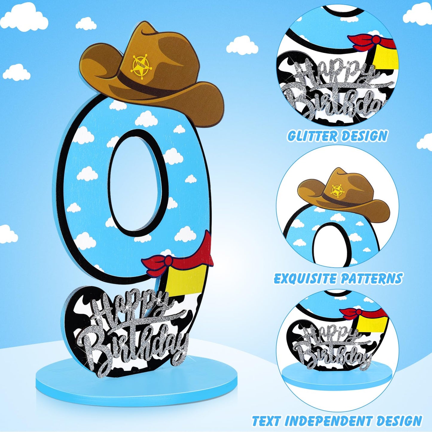 Vercraft Toy Theme 9th Birthday Party Number Centerpiece Cartoon Party Number Sign Blue Sky and White Cloud Cow Birthday Sign fo