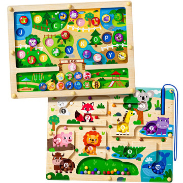 2 in 1 Magnetic Color and Number Maze Magnet Alphabet Counting Dinosaur Double Sided Board Wood Puzzle Fine Motor Skills Montess