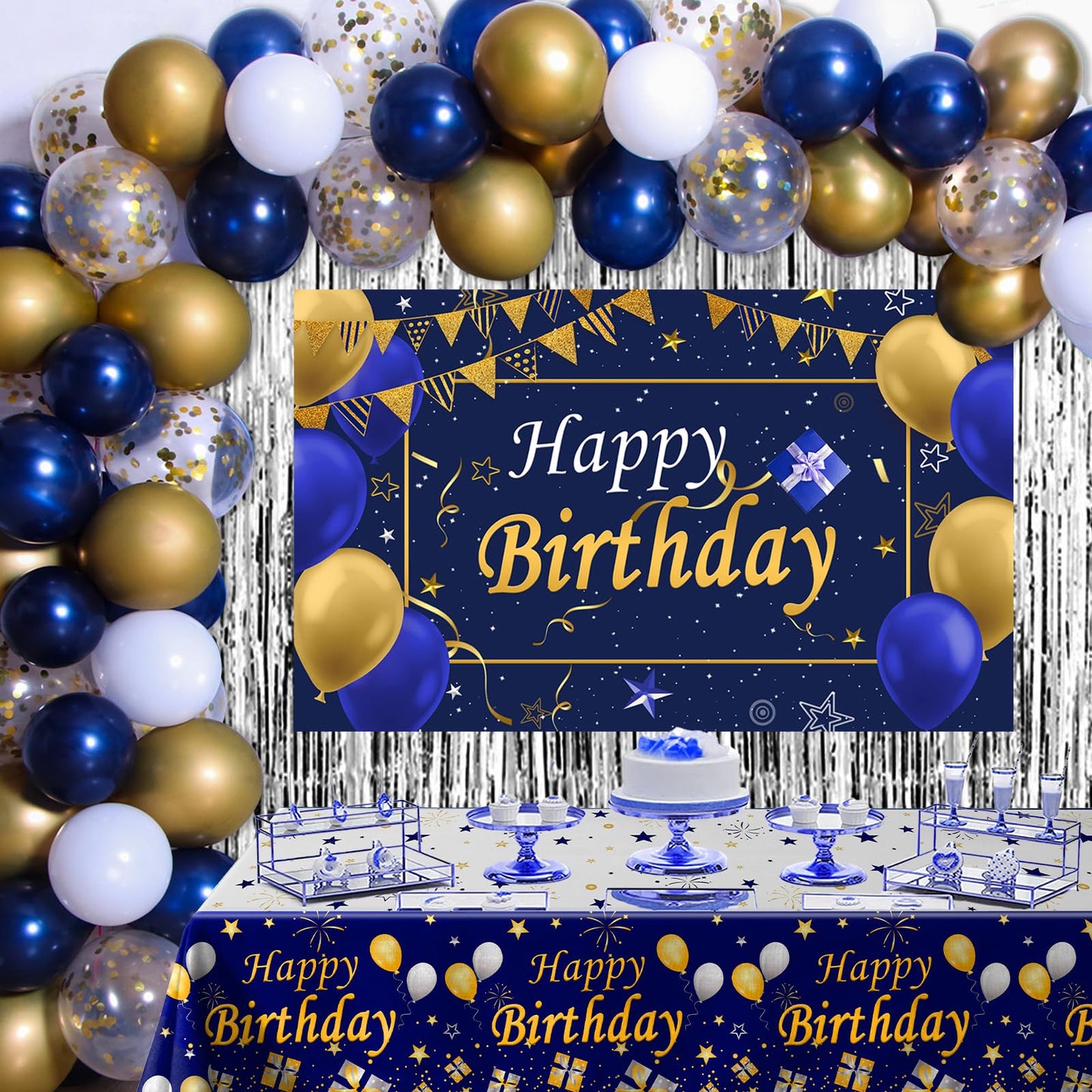 Puchod Blue and Gold Birthday Decorations Kit - Balloons, Tablecloth, Confetti, Foil Fringe Curtains for Men, Women, Boys, Girls Party