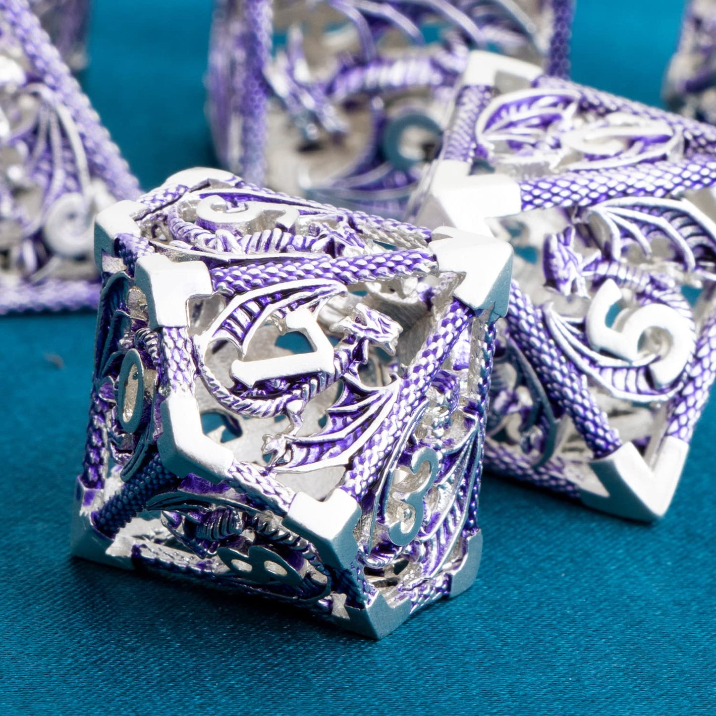ARUOHHA Hollow DND Metal Dice Set Purple Dungeons and Dragons Dice with Gift Box, Large Role Playing Games Dice 7PCS D+D Polyhed