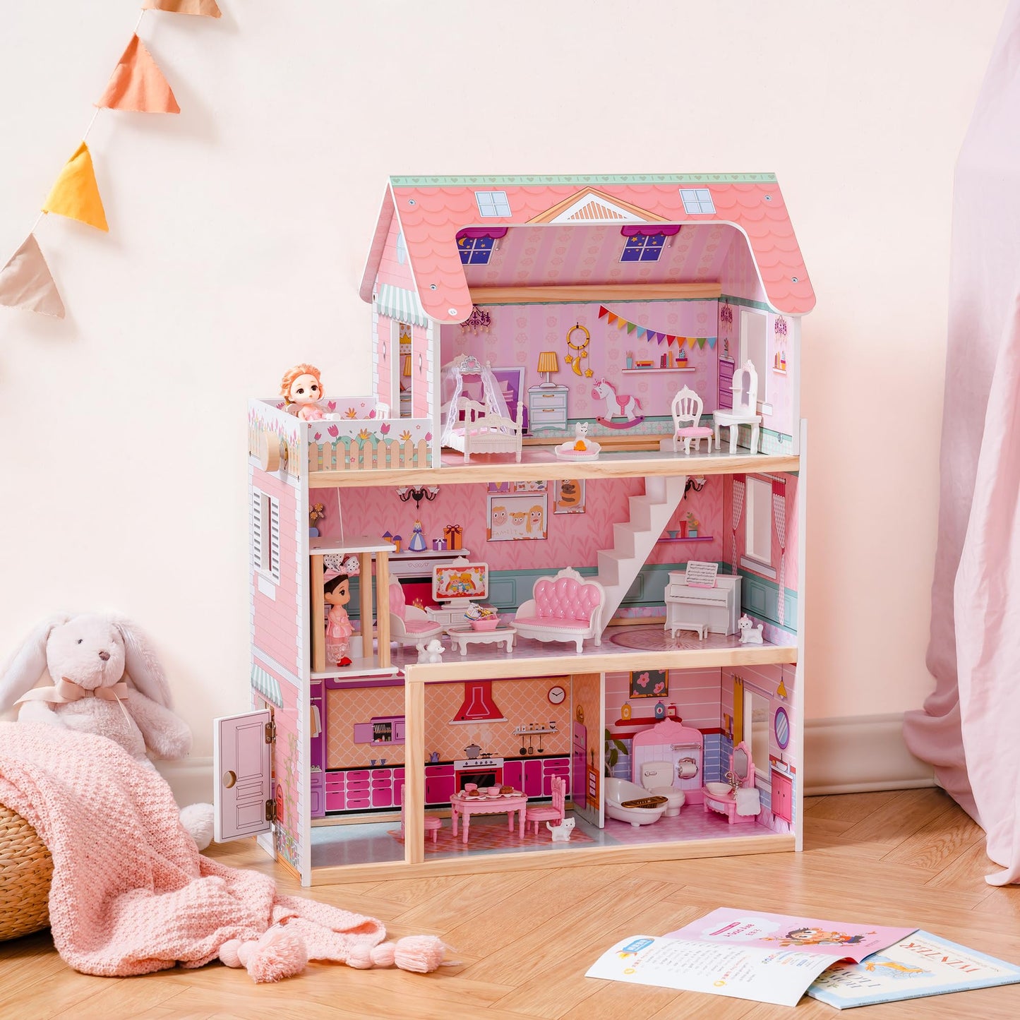 ROBOTIME Wooden Dollhouse, Doll Houses Playset with 24 Pcs Furniture for 4, 5, 6-Inch Dolls, Dollhouse Gift for 3+ Year Old Girl