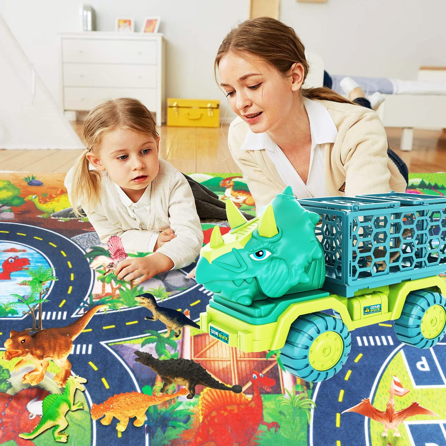 HONGID Dinosaur Truck Toy Set for Kids 3-5, Large Play Mat, 15 Dino Figures, Colorful Plastic, Perfect for Christmas Stocking Stuffers