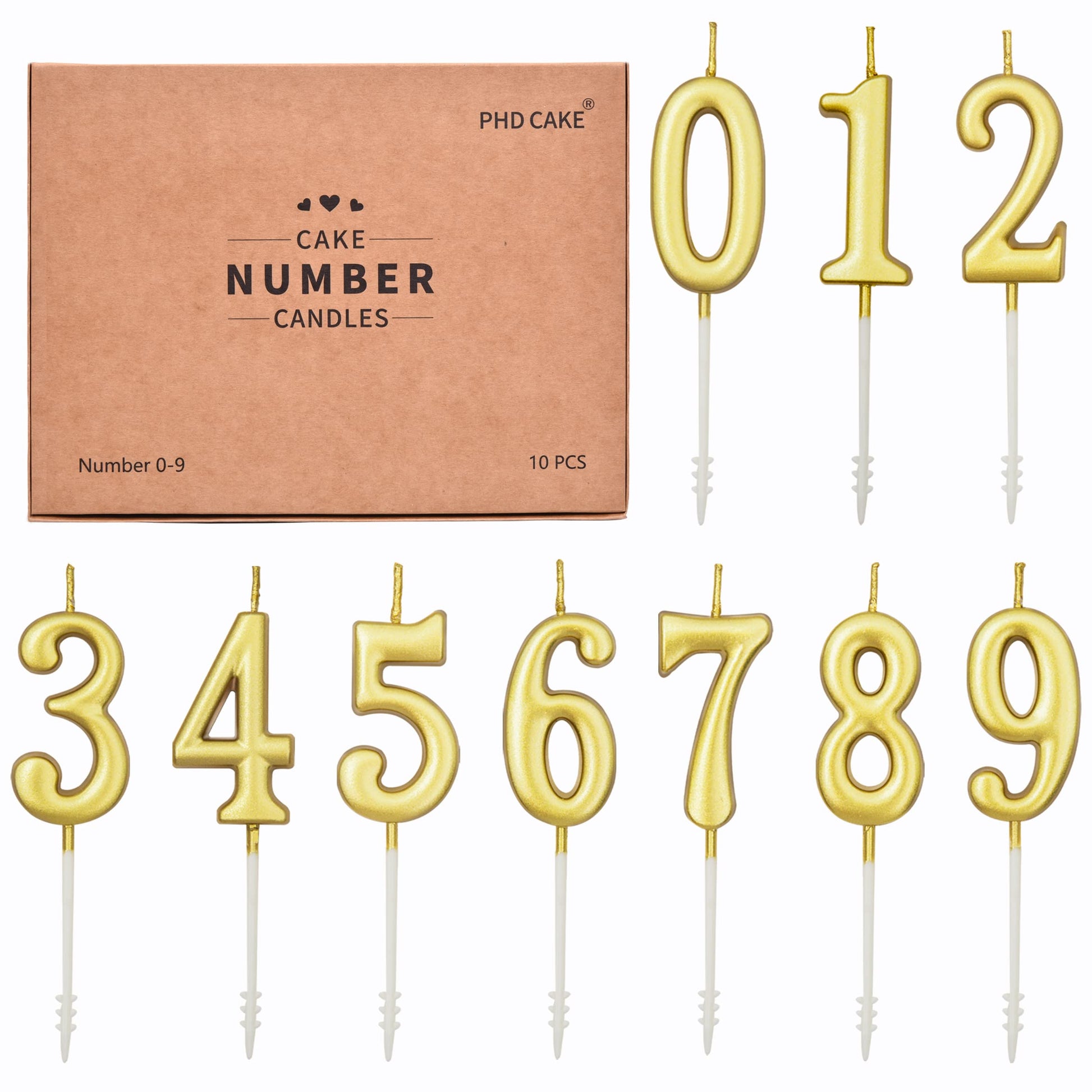 PHD CAKE 10-Pieces Gold Numeral Birthday Candles, Cake Numeral Candles Number 0-9 Glitter Cake Topper Decoration for Birthday,We
