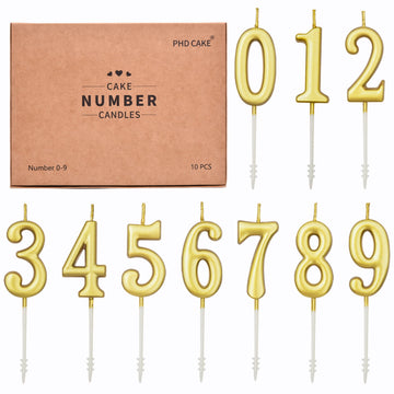 PHD CAKE 10-Pieces Gold Numeral Birthday Candles, Cake Numeral Candles Number 0-9 Glitter Cake Topper Decoration for Birthday,We