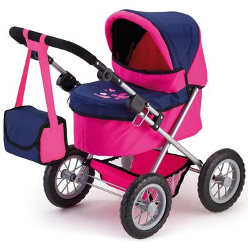 Bayer Design Dolls: Trendy Pram - Blue, Hot Pink, Butterfly - Includes Shoulder Bag, Fits Dolls Up To 18'', Adjustable Handle, K