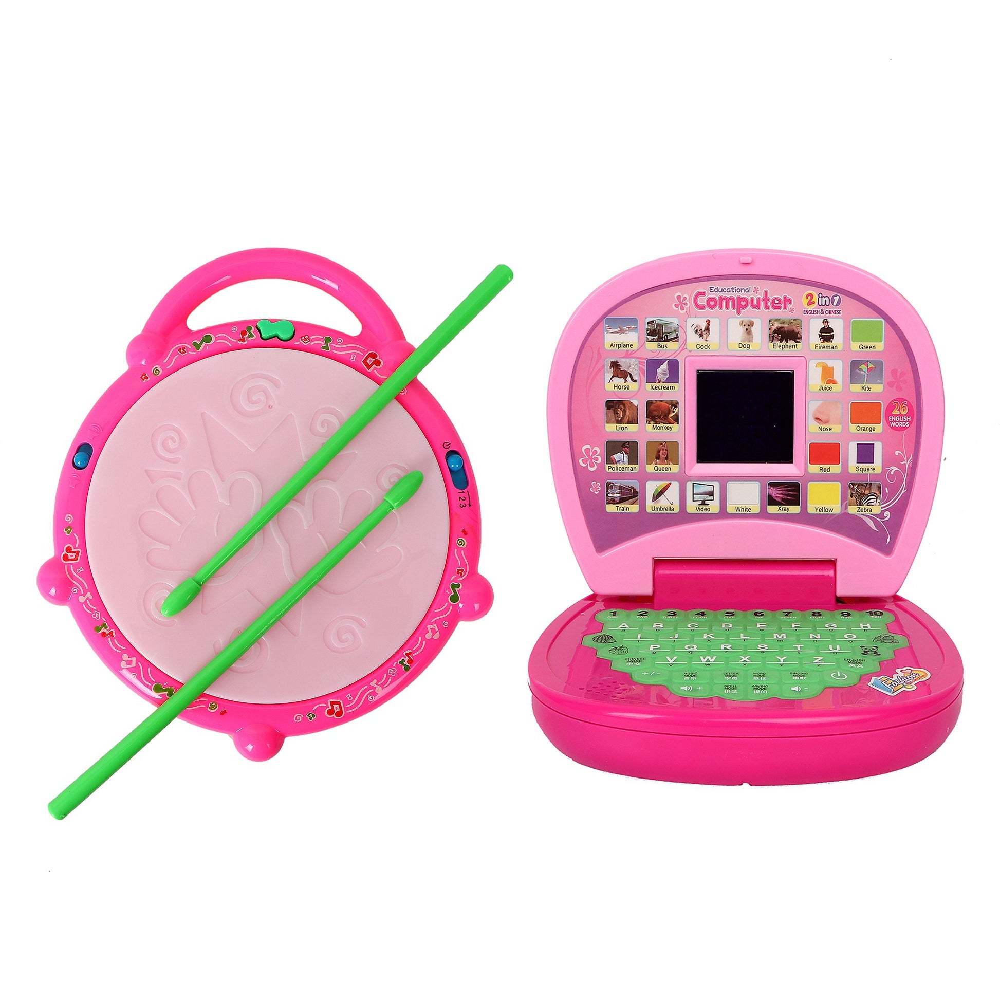 Ang Flash Drum With 3D Multi Colour Light And Music For Kids&Ang Educational English Learner Computer Laptop For Kids(Product Co