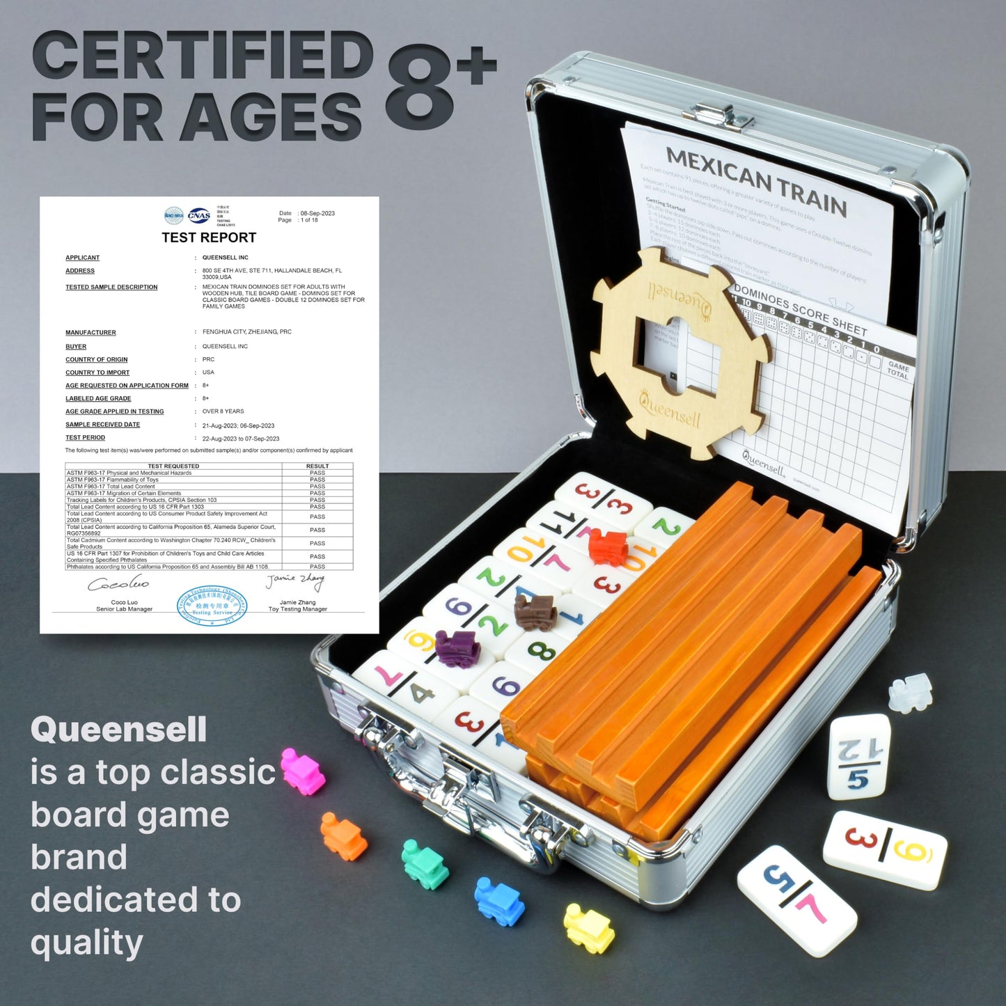 Queensell Mexican Train Dominoes Set With Numbers And 4 Holders - Wooden Hub And Tiles Holders - Double 12 With Numbers (D12 Num