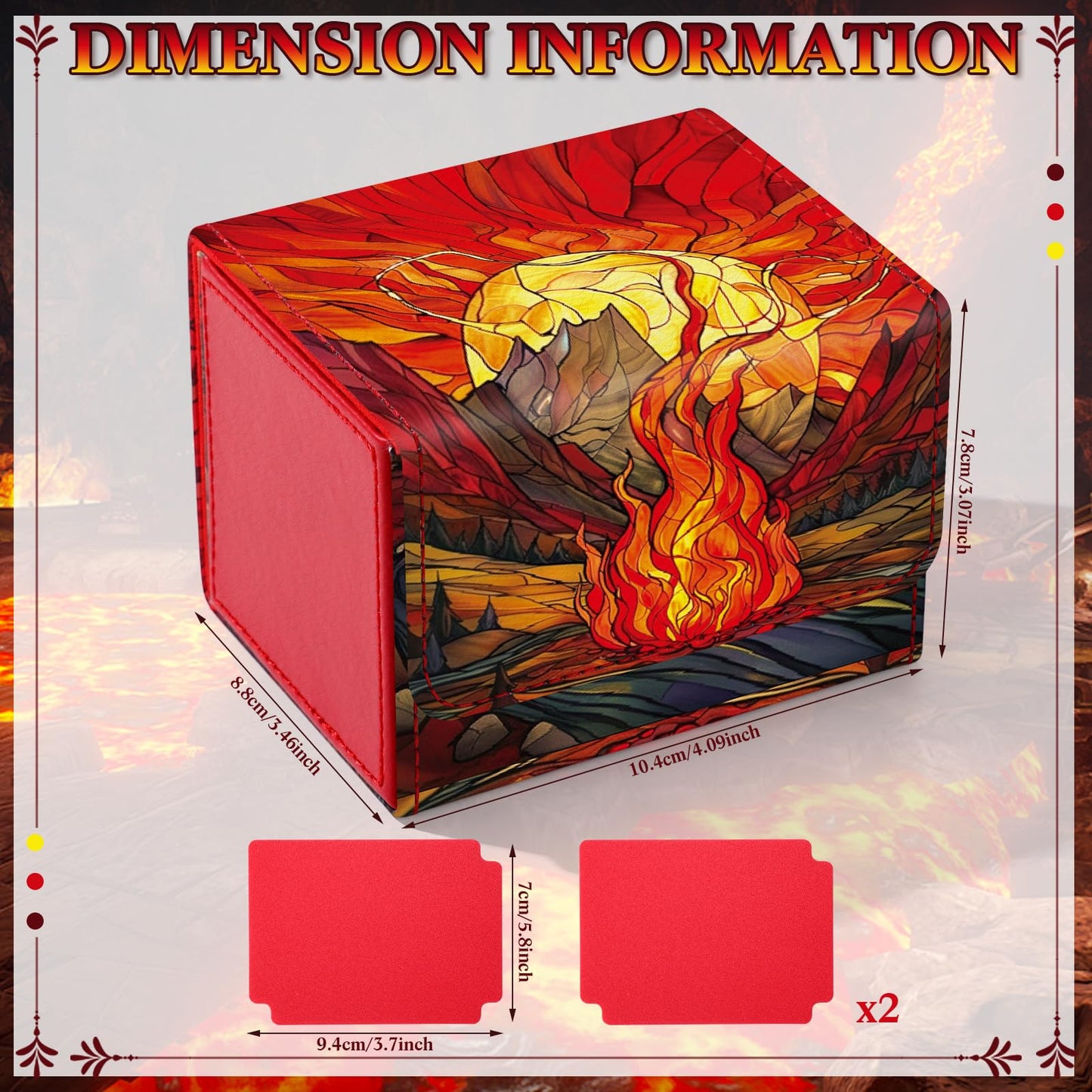 Wonderjune Pu Leather Card Deck Storage Box For Strong Magnet Storage Card Box With 2 Dividers For Tcg Ccg(Red,Flame)