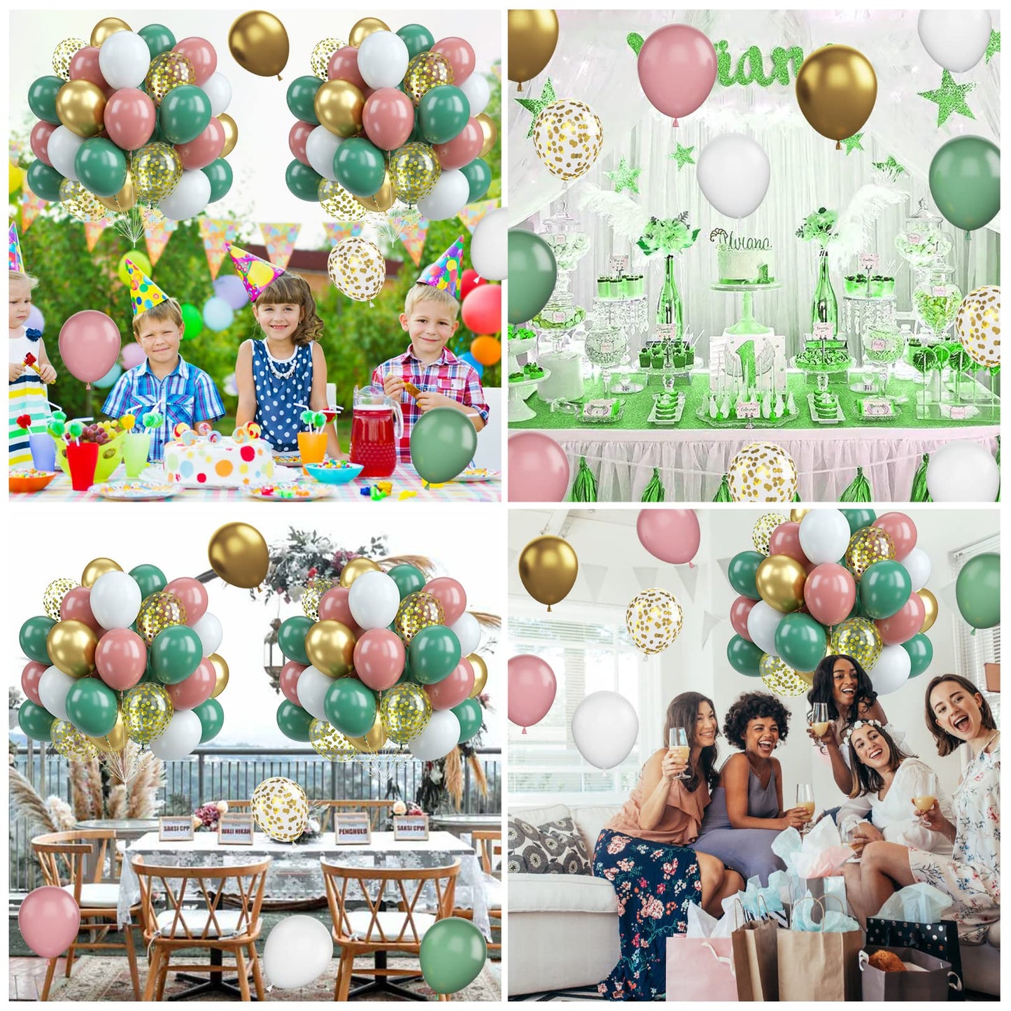 Biapian Pink Green Balloons, 60Pcs Retro Green Pink Gold Balloons, Sage Green White Dusty Pink Latex Balloons Metallic Gold Conf