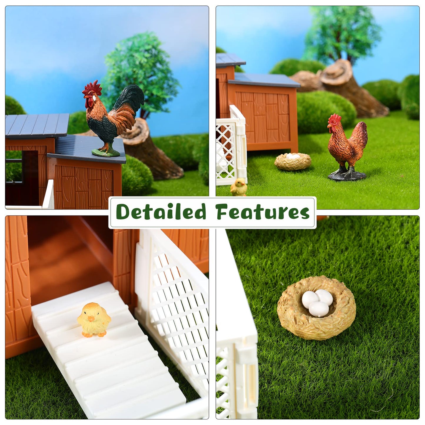 Skylety 9 Pieces Easter Chicken Figurine Chicken Model Playset Farm Action Figures Fences Around Building Blocks Farm Coop Set Birthday Party Present Animal Easter for Kids Age from 3 to 8