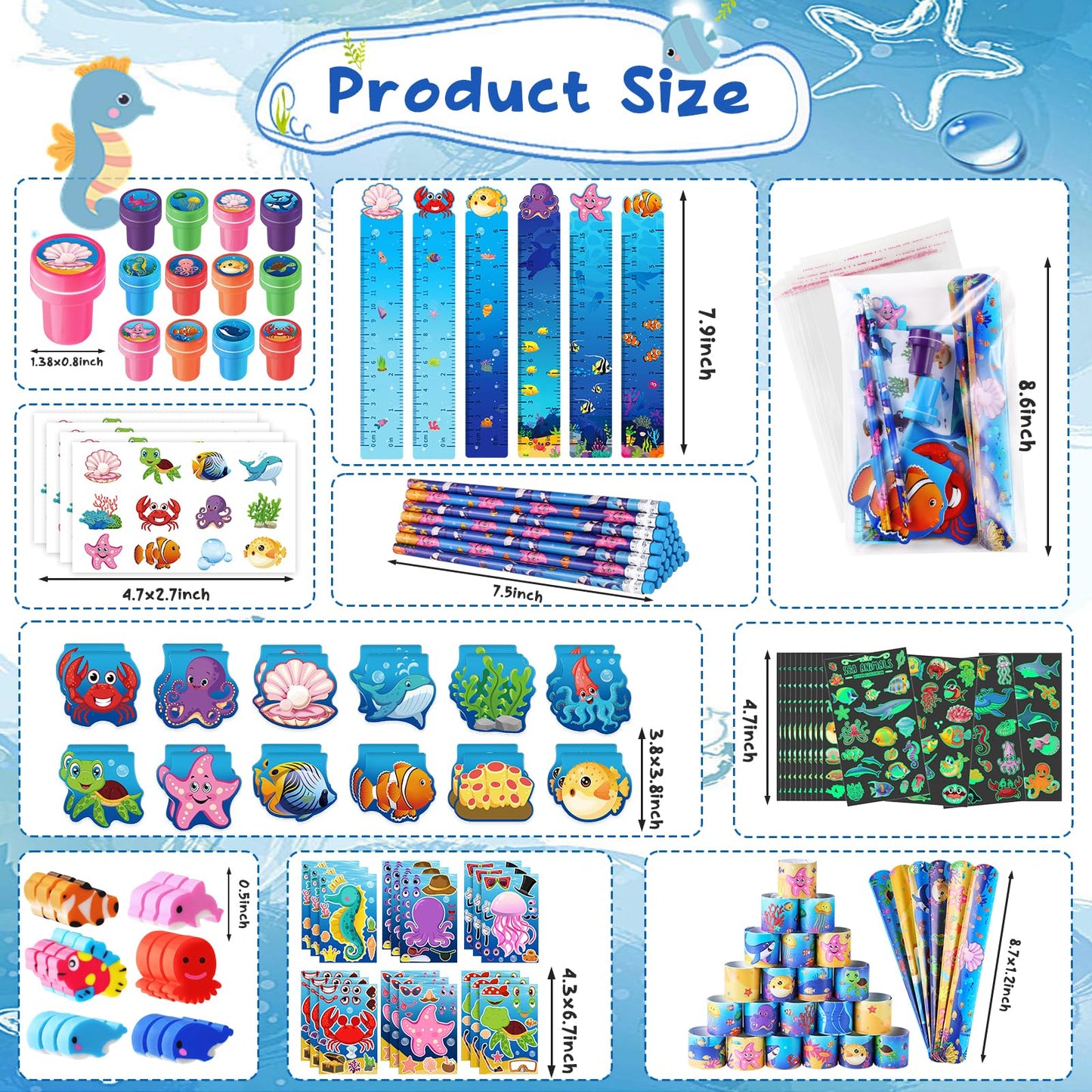 BenLouis Ocean Animals Party Favors - 240Pcs Stampers & Stickers for Kids - School Supplies, Shark & Mermaid Themes, Model BL108