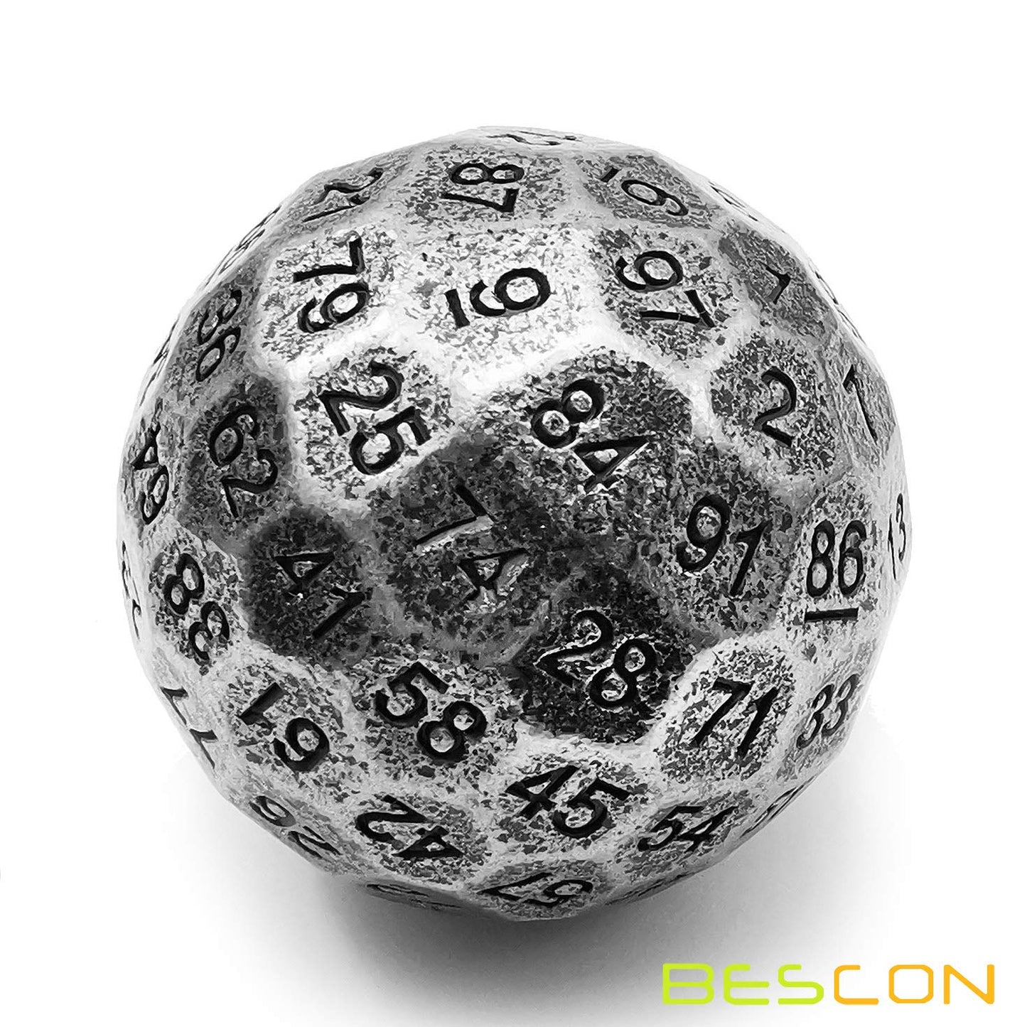 Bescon Solid Metal 100 Sided Dice, Game Dice D100, Giant Polyhedral Metal 100 Sides Dice 50MM in Diameter (1.97in), Ancient Silv