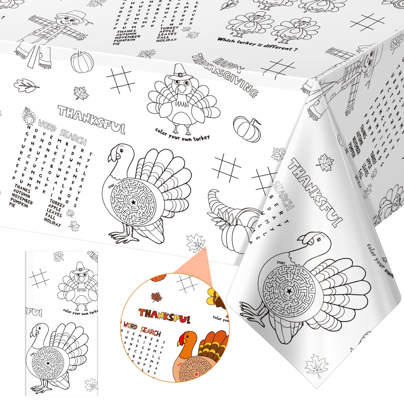 1 Pack Fall Thanksgiving Coloring Tablecloth for Kids, Disposable Thanksgiving Turkey Pumpkin Color-in Paper Table Cover, Fall T