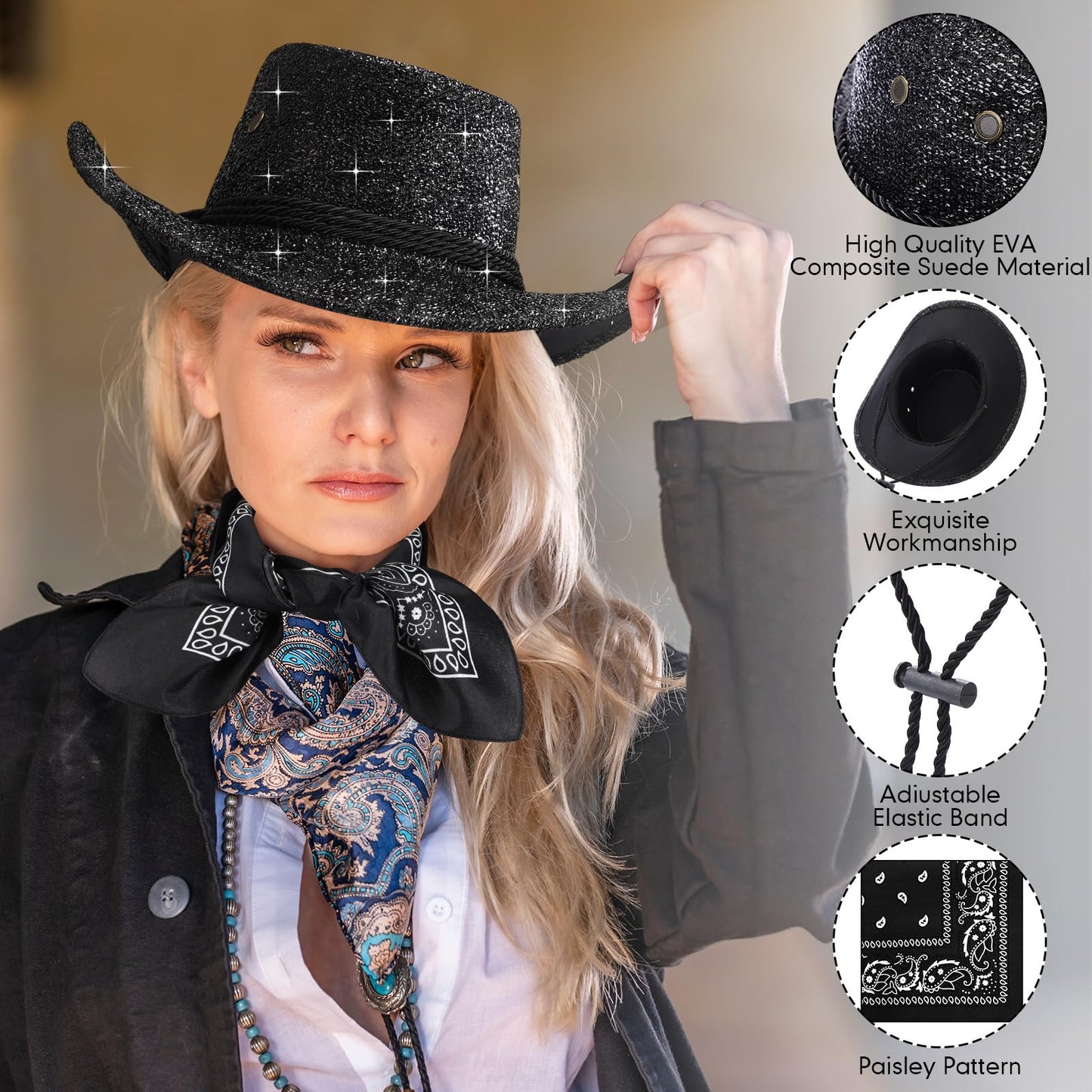Zhanmai 12 Pcs Cowboy Hat and Bandana Cowboy Cowgirl Hats Bulk Western Party Costume Halloween Accessory(Black,Sparkly Polyester