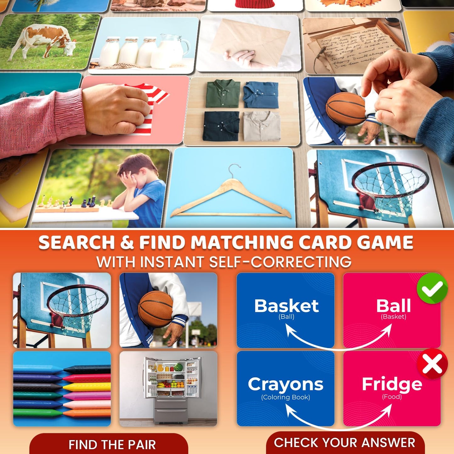 QUOKKA 208 Vocabulary Flash Cards Set - Go Together and Opposites Matching Card Game with Realistic Images for Pre-K and Kinderg