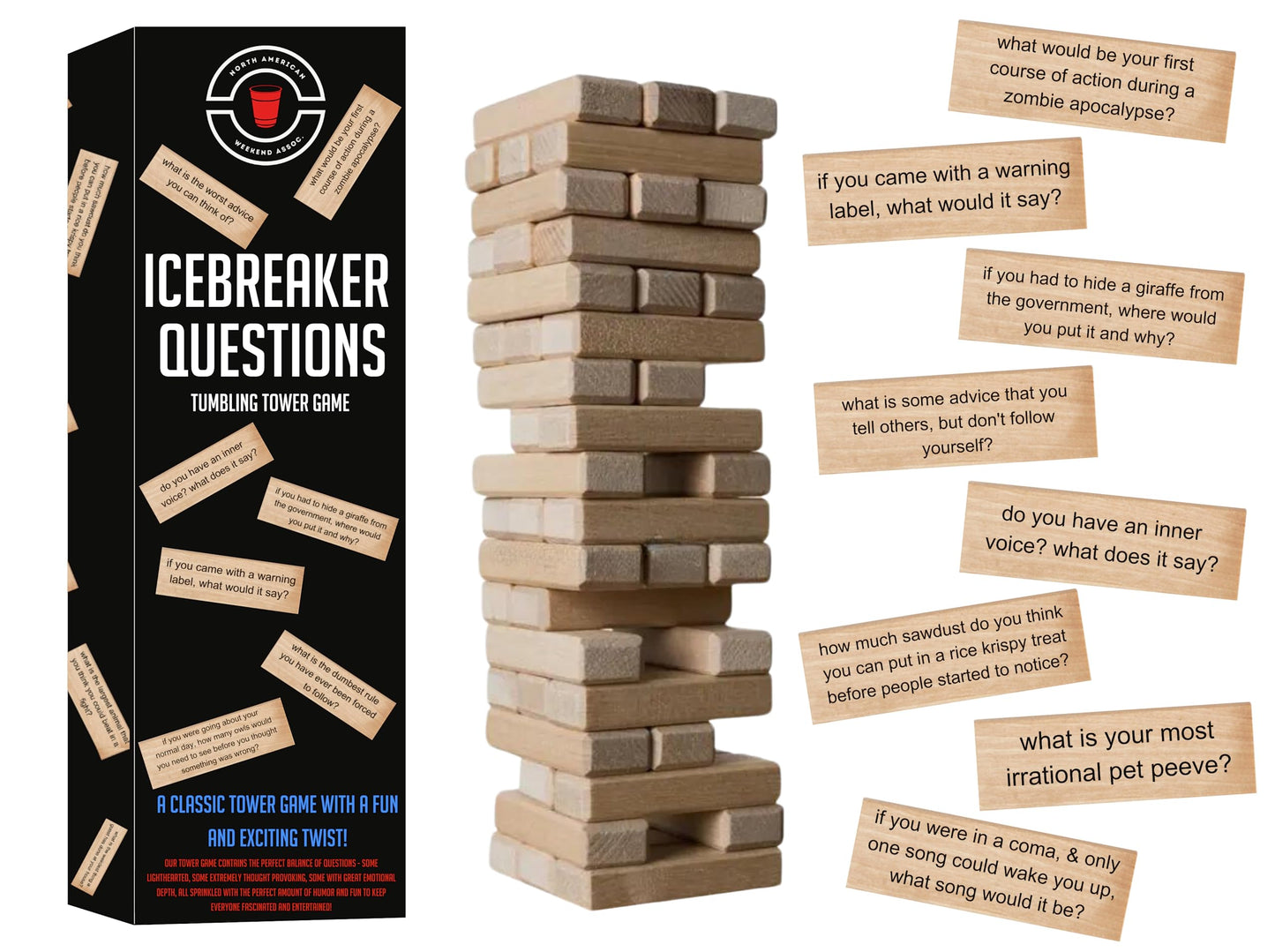 NORTH AMERICAN WEEKEND Tumbling Tower Game - 54 Icebreaker Questions - Fun for Family, Friends & Team-Building - Multicolor Wood