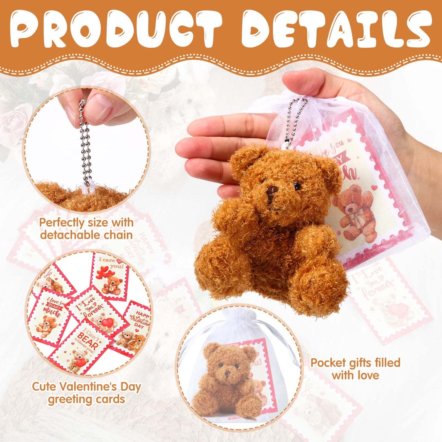 Deekin Set Of 24 Valentine'S Day Mini Plush Bears With Greeting Cards And Organza Bags For Valentines Day Gifts Stuffed Little P