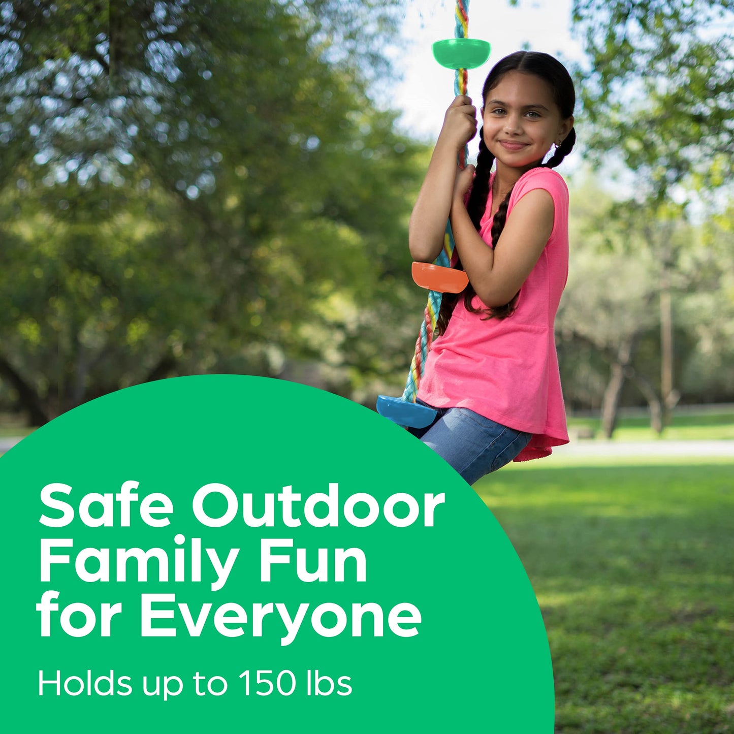 Jungle Gym Kingdom Tree Swing For Kids - Single Disc Seat And Brown Climbing Rope Set W/ Carabiner And 4 Foot Strap - Treehouse
