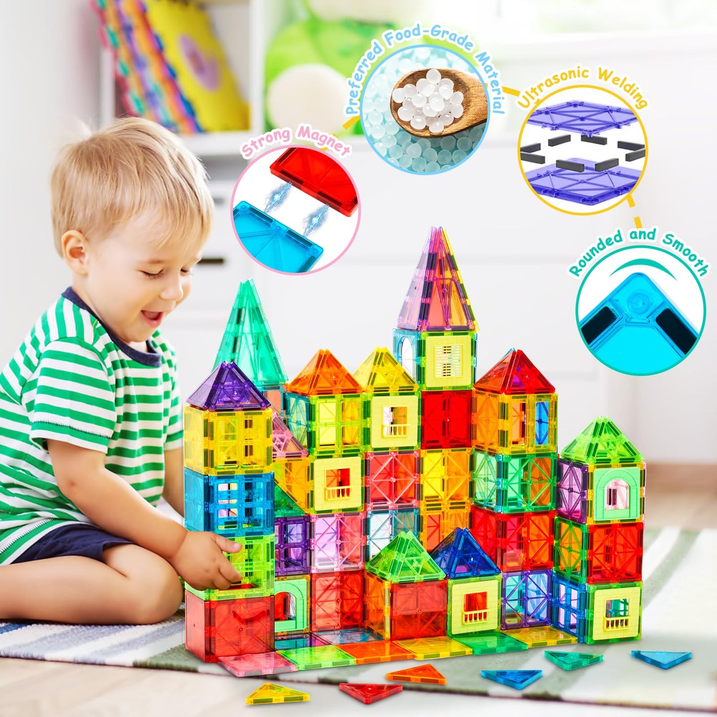 Dopyye Magnetic Building Tiles For Kids, 100 Pcs Magnetic Blocks With Storage Bag, Magnet Tiles Stem Educational Stacking Toys G