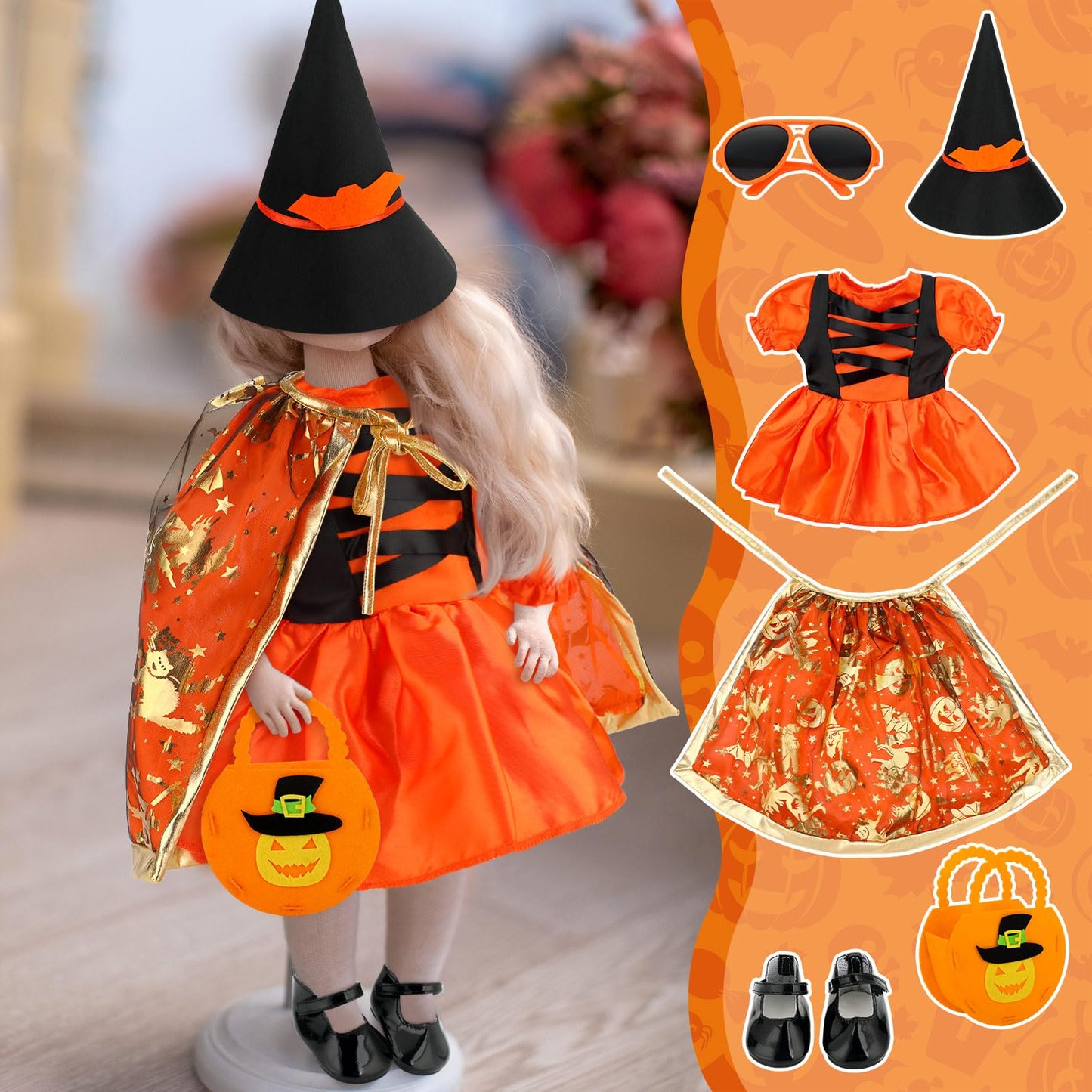 8 Pcs Halloween Doll Clothes and Accessories for 18 Inch  Pumpkin Halloween Doll Outfit  Dress  Shoes  Socks  Witch Hats  Bag Sets