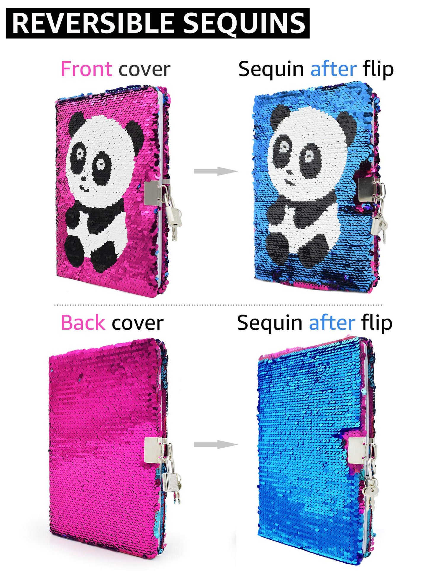 Vipbuy Magic Reversible Sequin Notebook Diary Lined Travel Journal With Lock And Key For Kids Girls, Size A5 (8.5” X 5.5”), 78 Sheets (Panda (Rose Red To Blue))