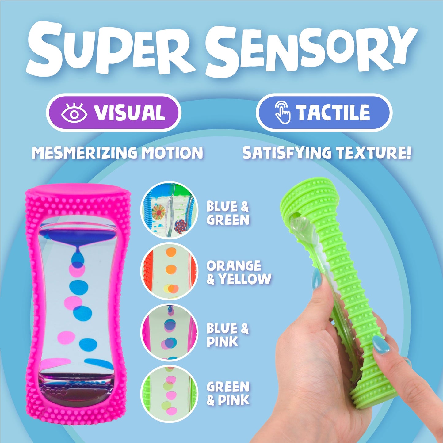 BUNMO Liquid Motion Bubbler Sensory Toy - Calming Fidget Toy for Kids & mature-themeds  Textured Silicone Bubble Timer with Mesmerizing Liquid Flow Sensory Bottles - Large 4 Pack