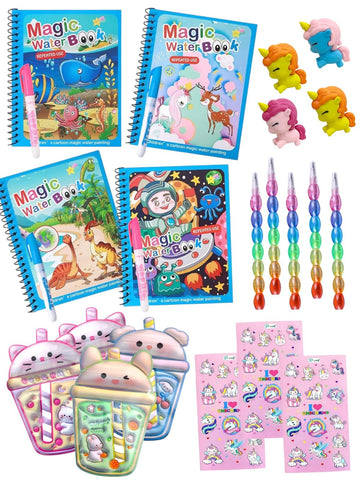 AMYCAUR Kids Magic Water Coloring Book Set  Pack of 30 Items | Magic Water Book, Pencil, Stickers, Erasers & Cute Pouch | Retur