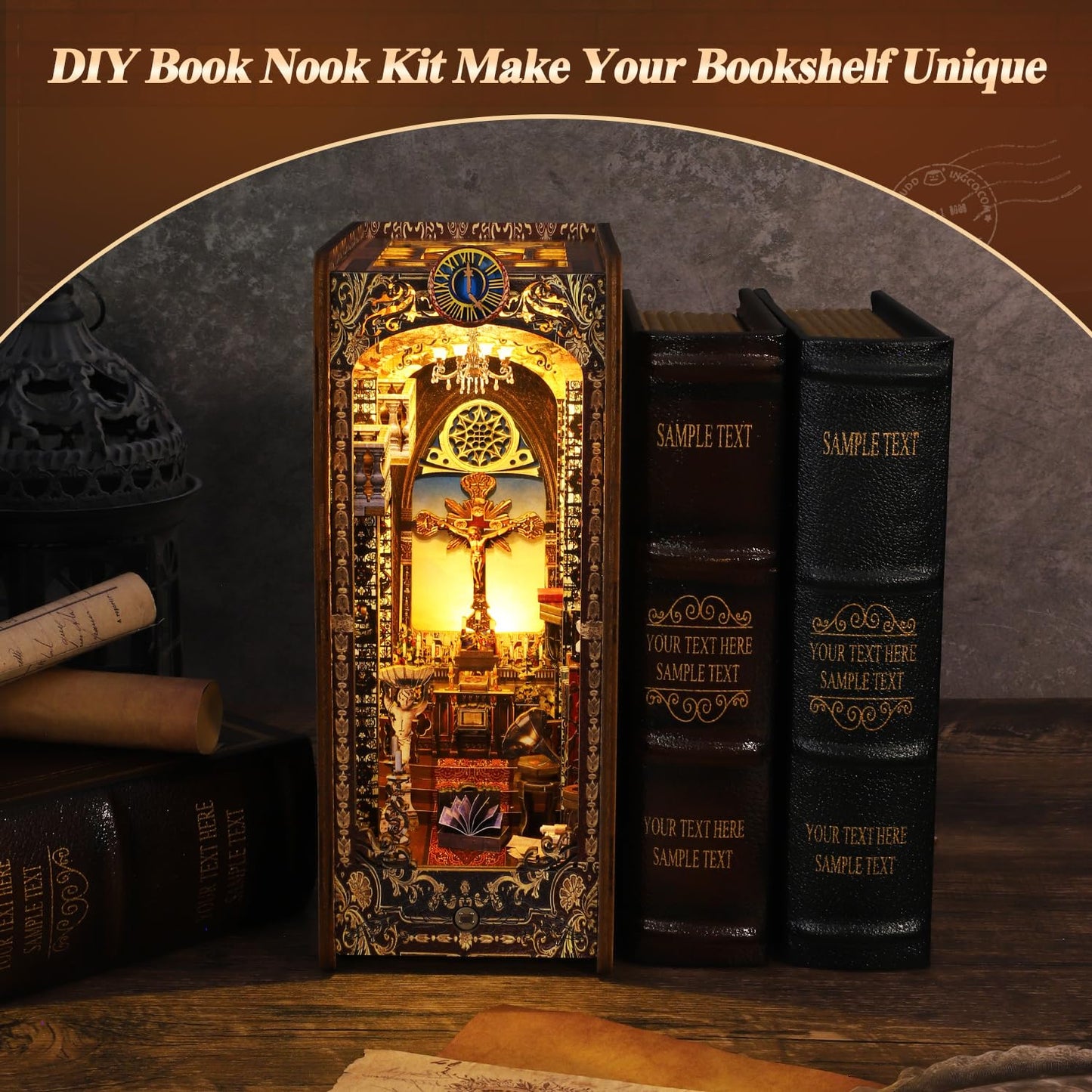 Spobot Book Nook Kit Diy Bookshelf Decor Kit With Led Light 3D Booknook Wooden Puzzle Bookend Stand Miniature Dollhouse Kit Gift
