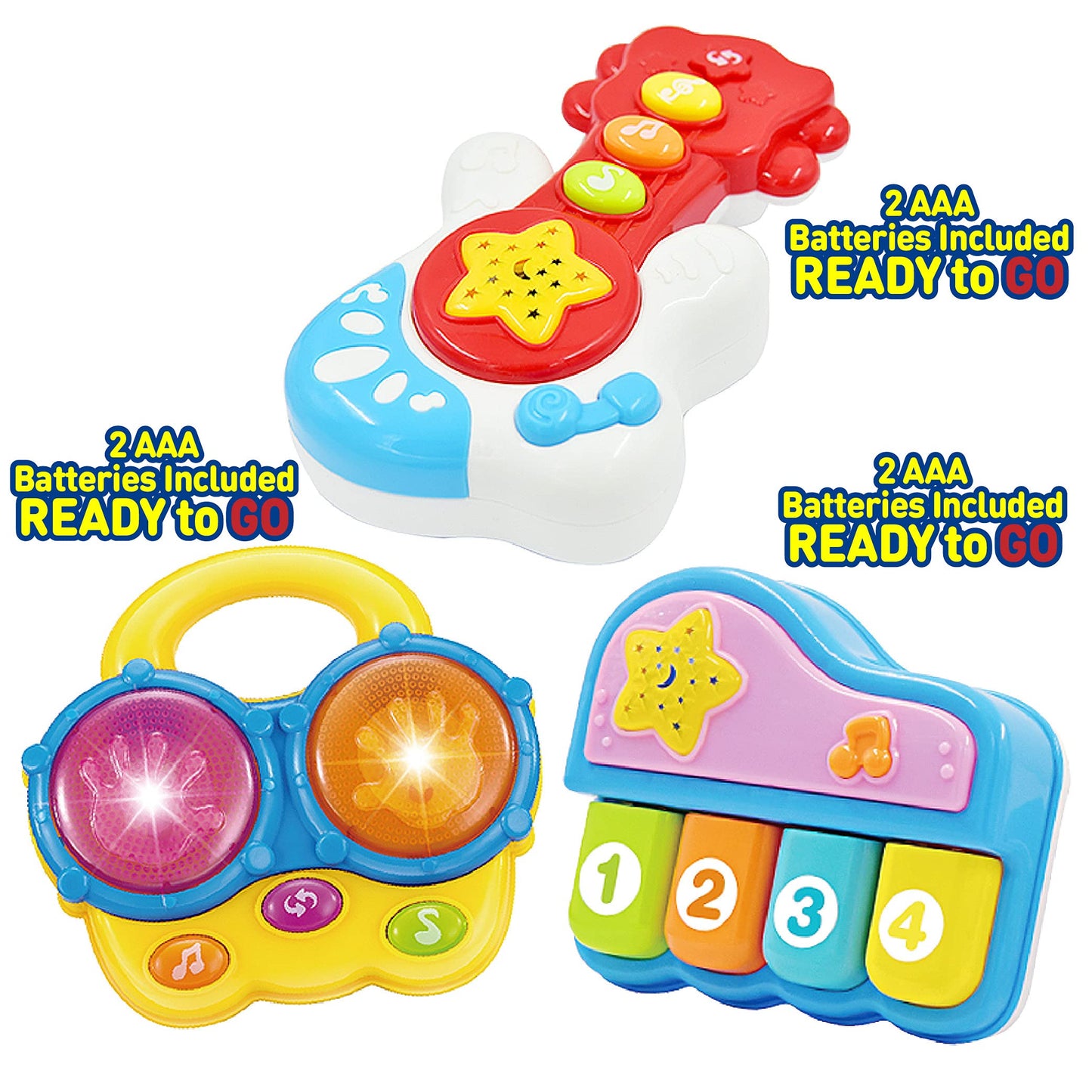 Portable Set Of 3 (Piano, Bongo Drums, Guitar) Educational Toy For Music Learning And Entertainment For Ages 6 Months To 4 Years