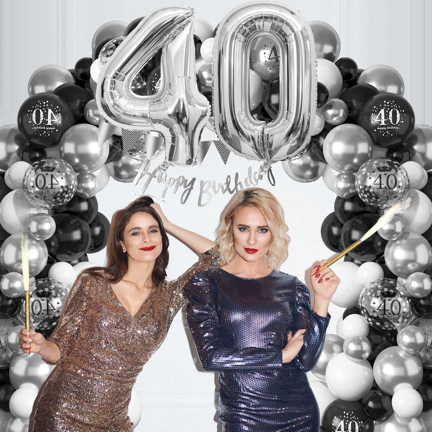 40Th Birthday Decorations Black Silver,40Th Birthday Balloon Garland Party Decorations With Number 40 Foil Balloons,Happy Birthd