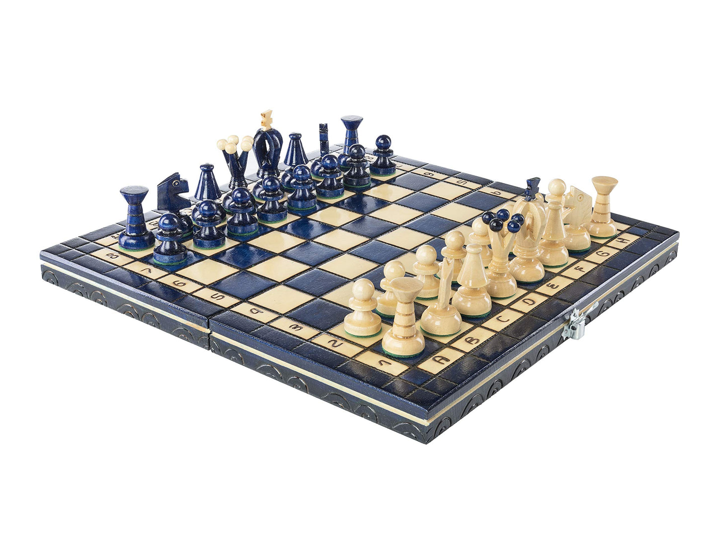 Chess and Games Shop Muba Wooden Folding Chess Set - Vintage 14" Carved Pieces in Blueberry Color