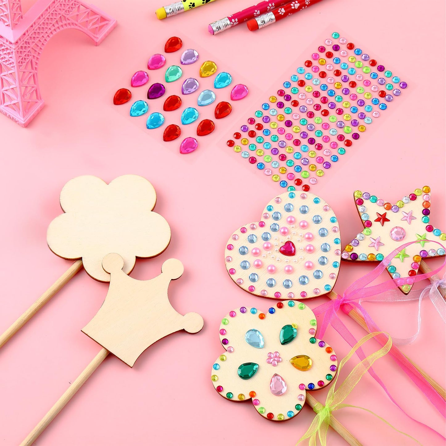 Chinco Princess Fairy Wands Kit Include Wooden Fairy Wands, Gem Stickers, Ribbons Unfinished Wooden DIY Magical Crafts Moon Butt