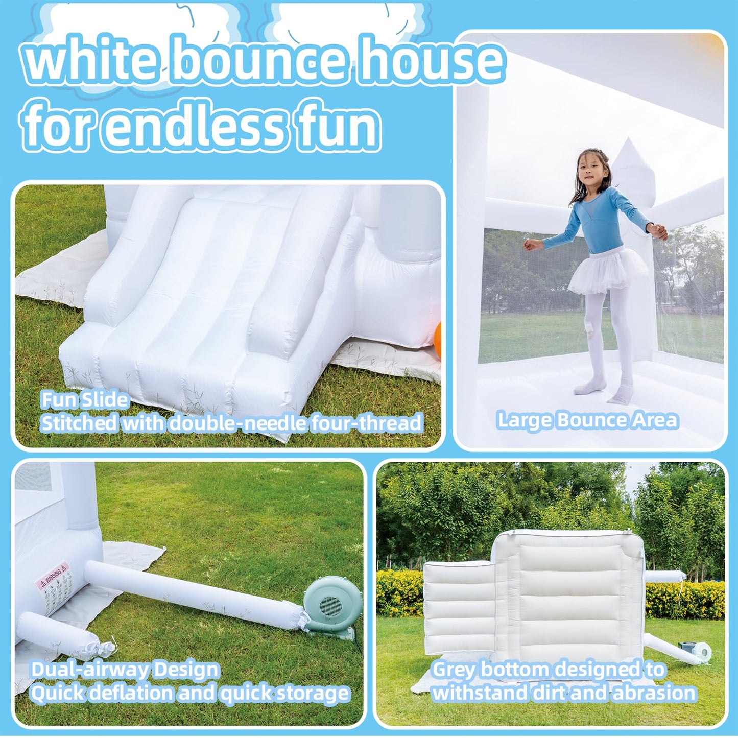 White Bounce House, Bounce House For Kids 3-6 Blower Included, Bouncy Castle With Slide Indoor Outdoor,8.9Ft L X 6Ft W X 7.1Ft H