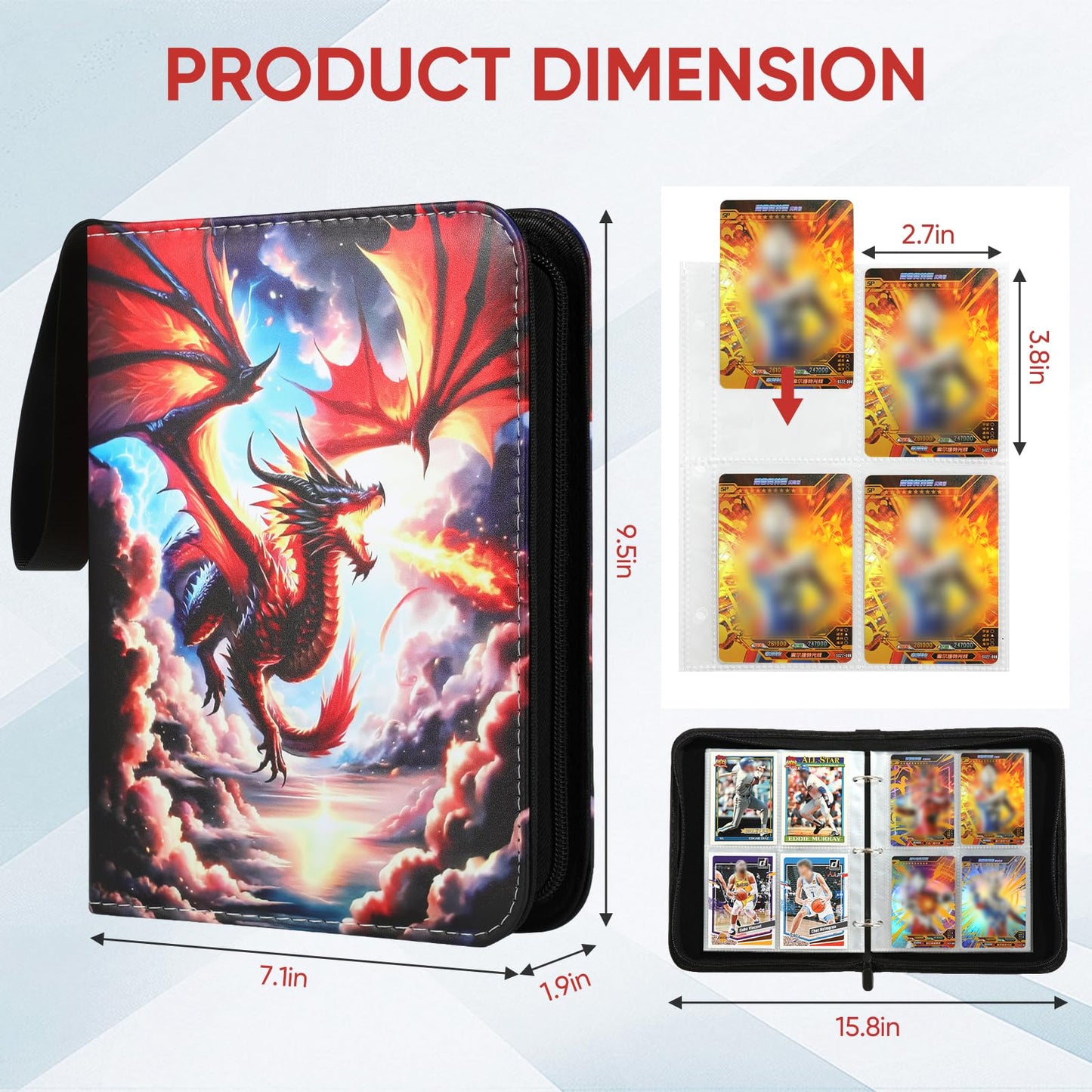 Deluxe Fire Dragon Trading Card Binder - 4-Pocket Zipper Album with 400 Pockets & 50 Removable Sleeves  enhanced Holder for Game/Sports Cards  Ideal for Collectors  Boys & Girls