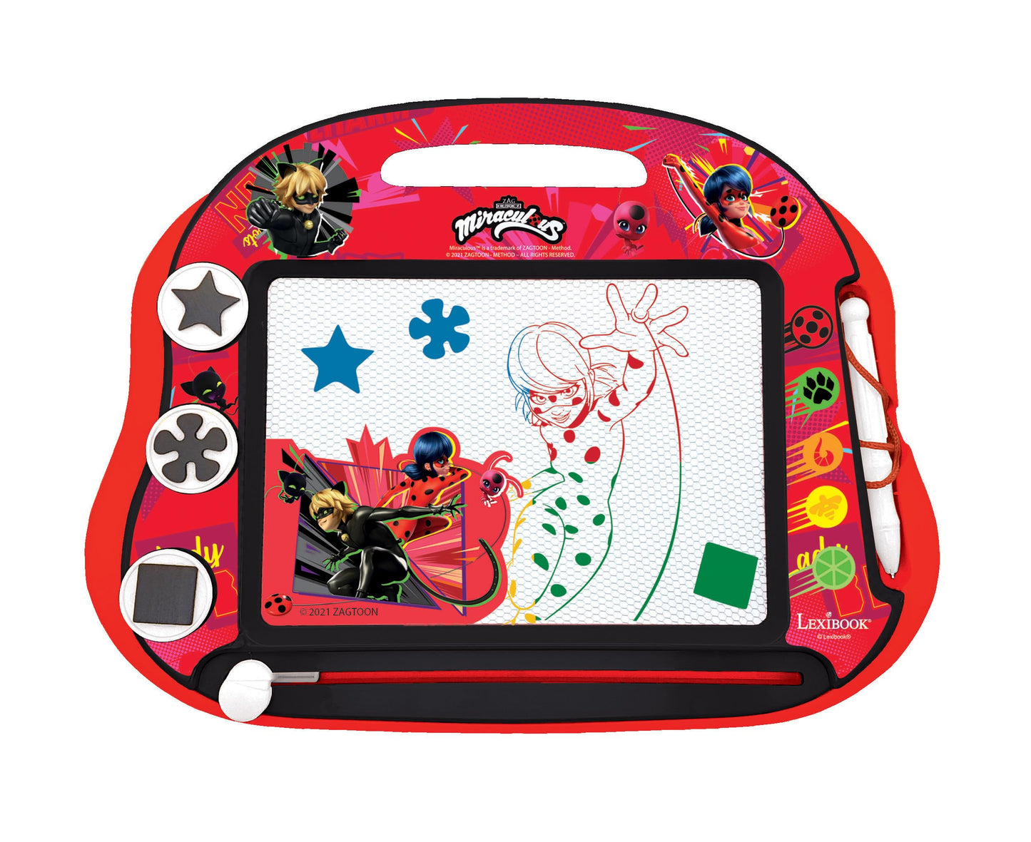 LEXiBOOK, Miraculous Ladybug Cat Noir, Multicolor Magic Magnetic Drawing Board, Artistic Creative Toy for Girls and Boys, Stylus