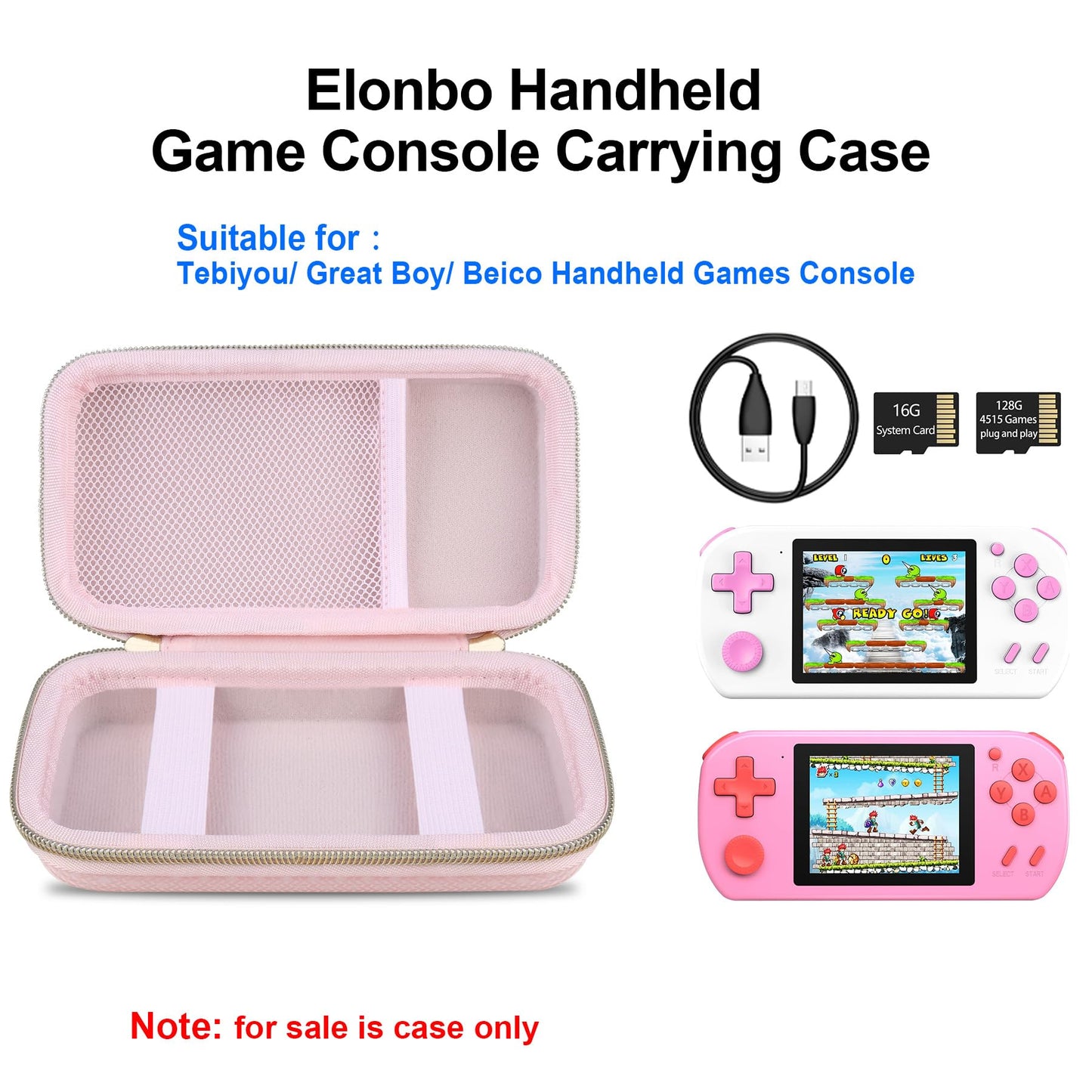 Elonbo Carrying Case for TEBIYOU/ Great Boy/ Beico Handheld Game Console Retro Video Games  Portable Gaming Player Travel Storage Cover  Mini Arcade Electronic Toy Holder Bag  Pink+Pink