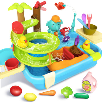 Play Sink with Running Water, 4-in-1 Kitchen Sink Toy with Upgraded Water Slide Track, Magnetic Fishing Game Floating Toys for W