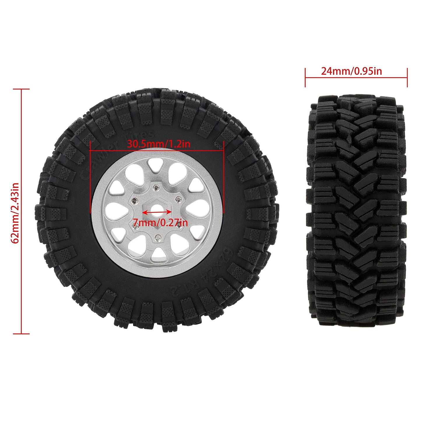 MEUS RACING 1.2 Beadlock Wheels Tires Set Brass Rim for TRX4M SCX24 FCX24 AX24 1/24 1/18 RC Crawler Car, Negative 4mm 42g (Slive