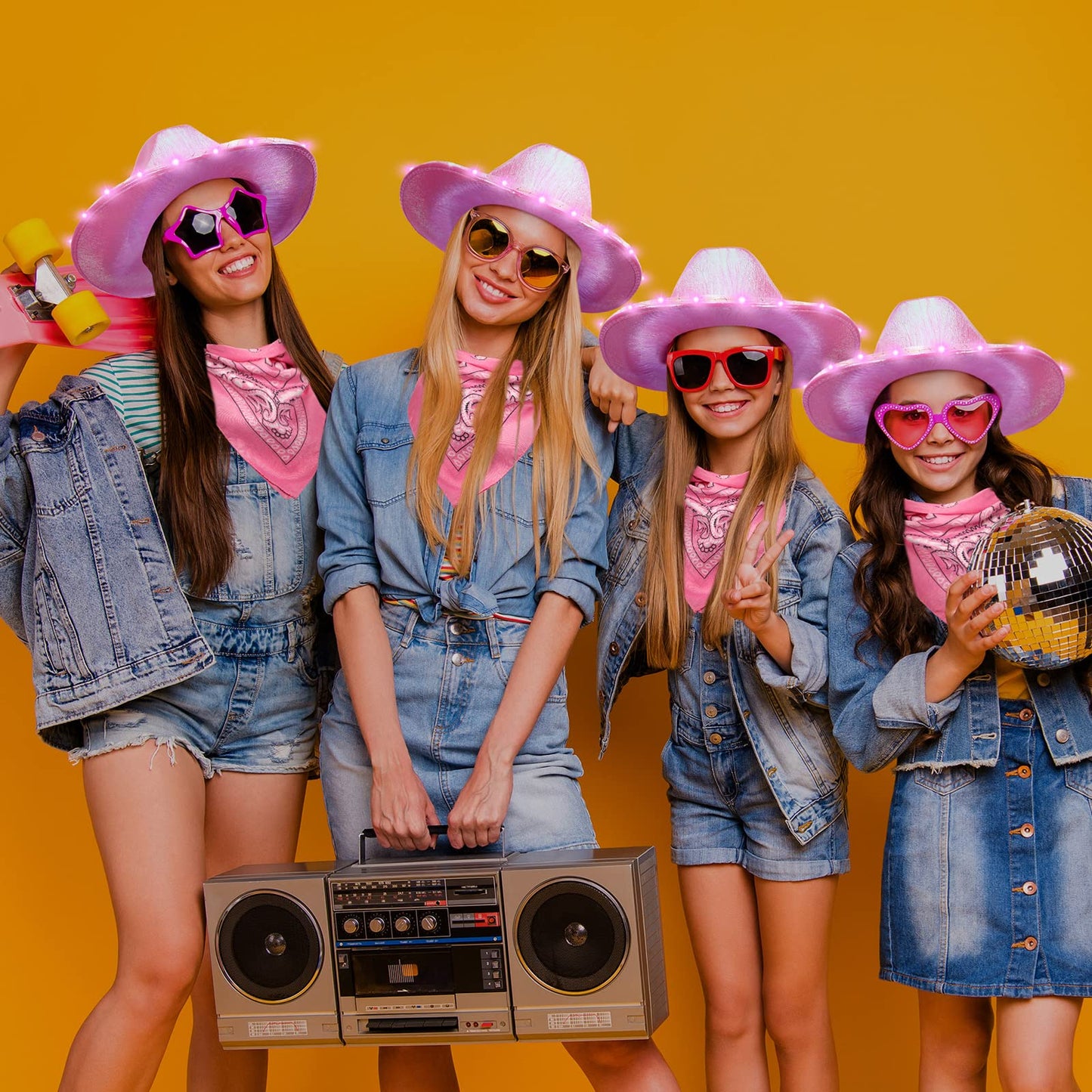 JaGely 24 Pieces Pink Cowgirl Hat Light Up LED Cowboy Hat with Heart Sunglasses and Bandanna Set for Halloween Costume Cosplay