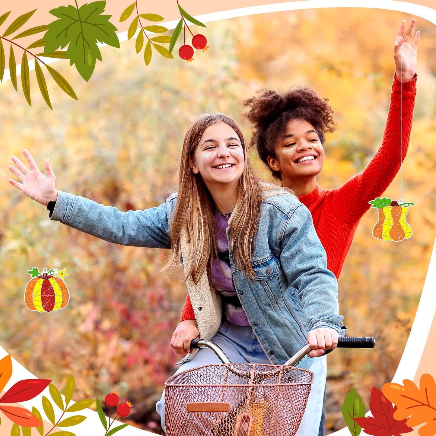 RoundFunny 60 Sets Thanksgiving Fall Craft Pumpkin Suncatchers Thanksgiving Ornaments Decorations Fall DIY Window Paint Art Sunc