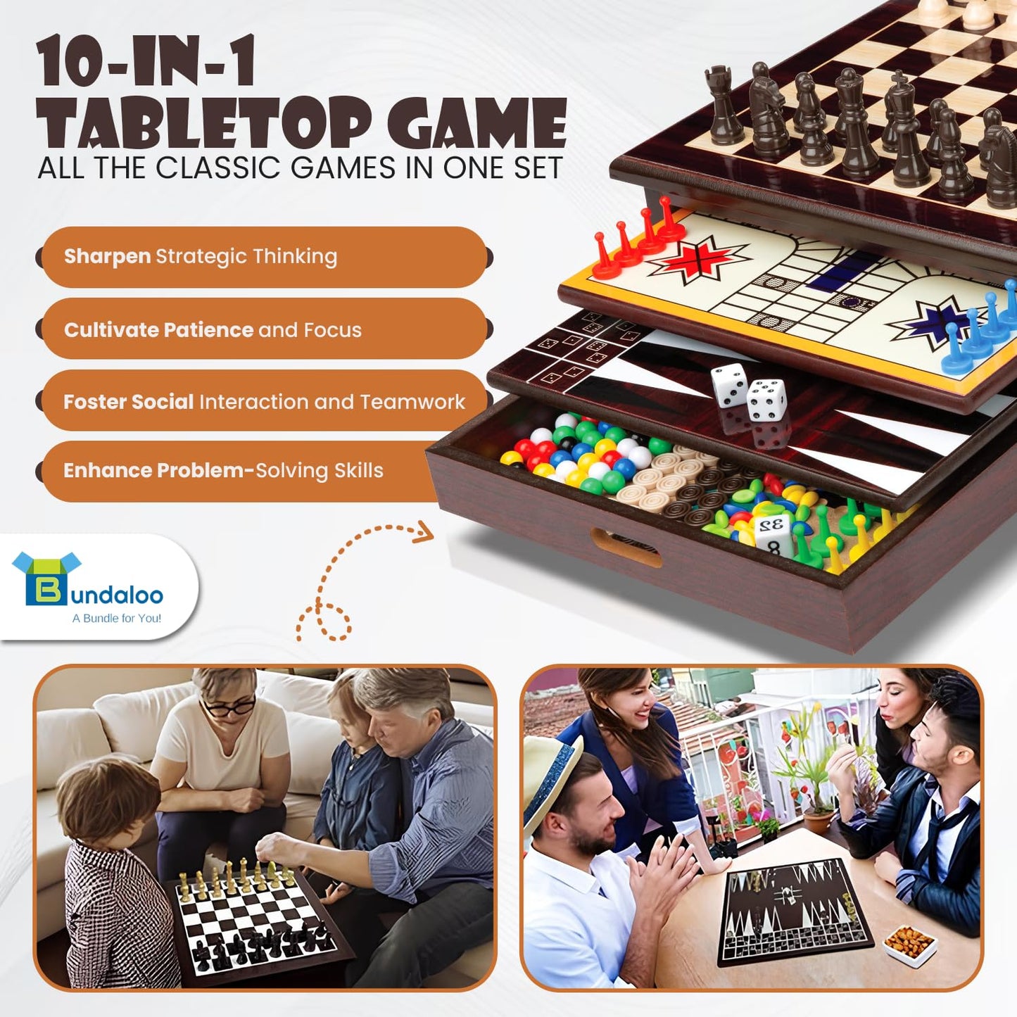 Bundaloo 10-In-1 Classic Wooden Board Game Set - Chess, Checkers, Backgammon, And More - Premium Multi-Game Collection With Buil